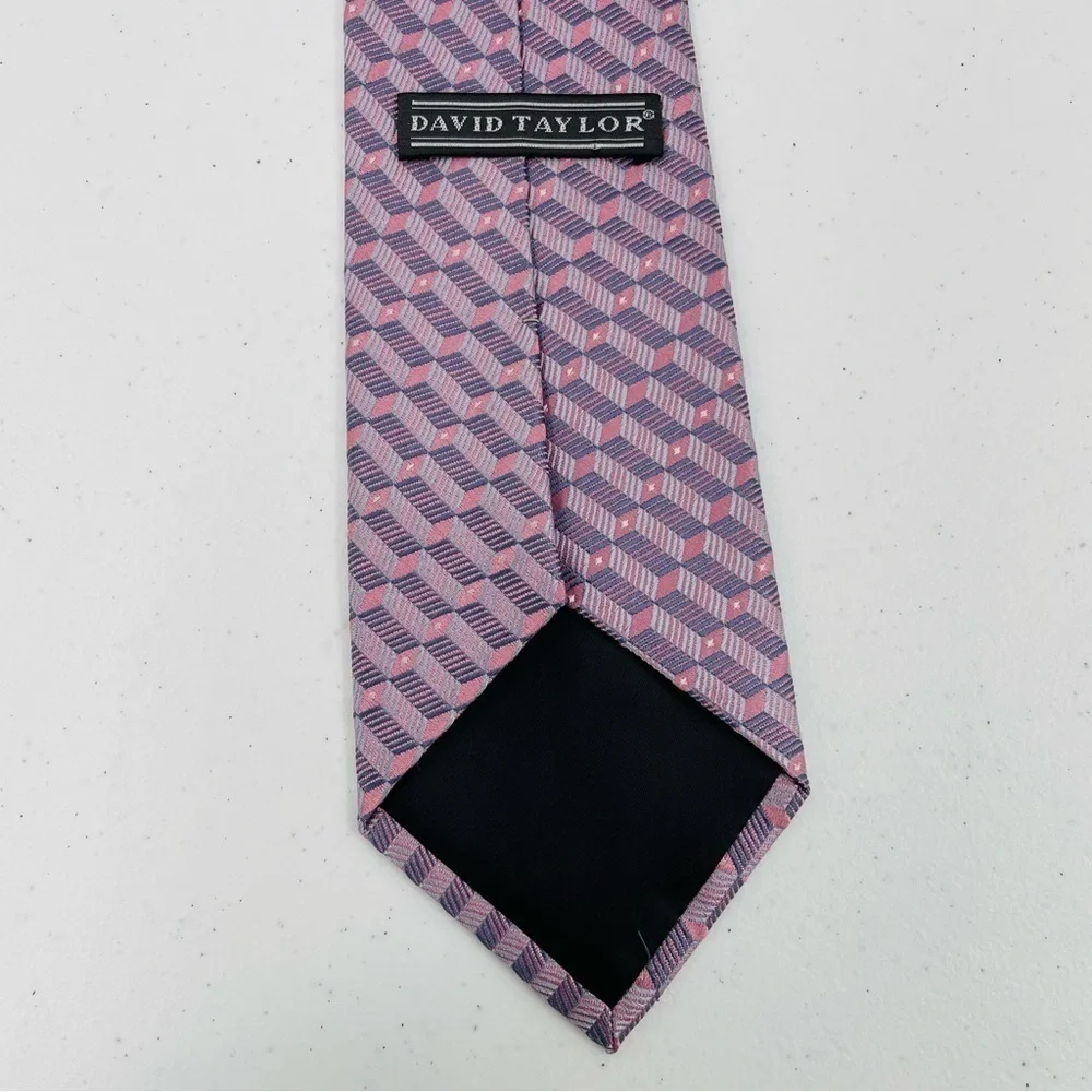 David Taylor Pink Grey White Geometric Office Business Corp Handmade Silk Tie